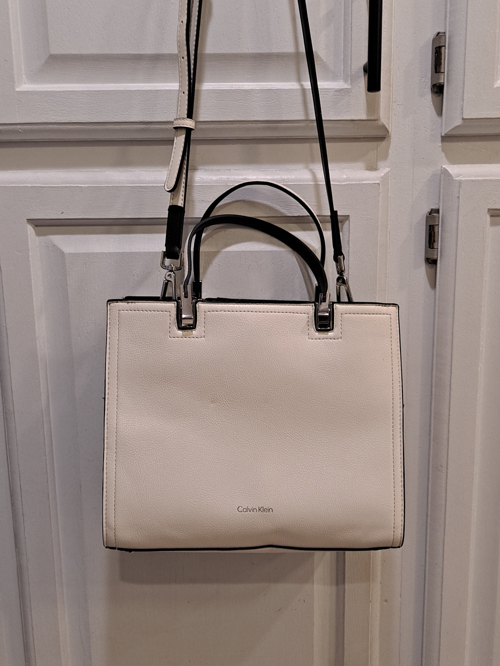 Calvin Klein Cream Leather Tote Bag - Structured Top-Handle Crossbody Satchel